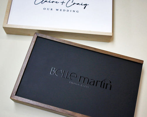 Maple/Walnut Photo Boxes - Matte Black or White Lid - Black Gloss Printed