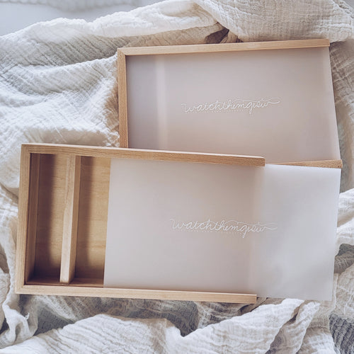 Maple/Walnut Photo Boxes - Frosted Lid - White Printed Logo/Text