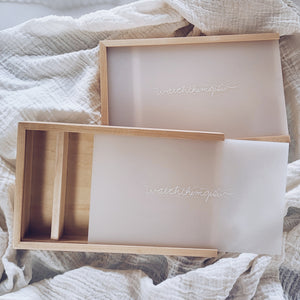 Maple/Walnut Photo Boxes - Frosted Lid - White Printed Logo/Text