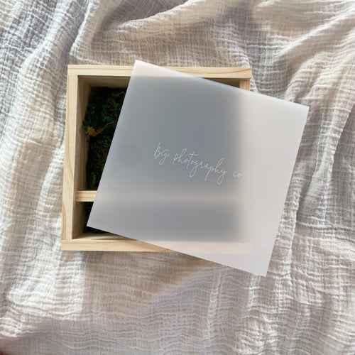 Pine Photo Boxes - Frosted Lid - White Printed Logo/Text (6x4, 5x7, 10x12)