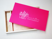 Load image into Gallery viewer, Maple/Walnut Photo Boxes - Coloured Lid - White Printed Logo/Text